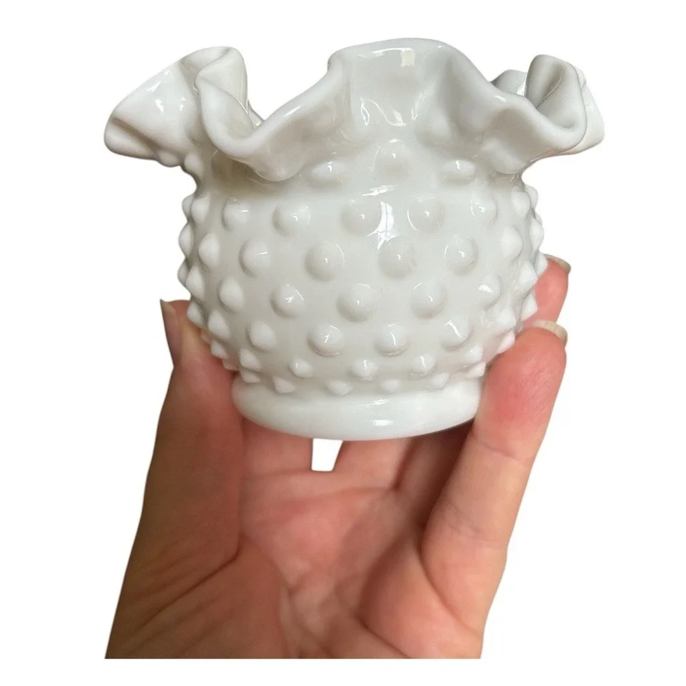 2 Fenton White Milk Glass Hobnail Crimped Ruffled Edge Rose Bowl Vase Vintage